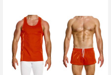 Męskie spodenki/tank zestaw MODUS VIVENDI czerwone lata 80. z efektem płynu duże sugerowana cena detaliczna 64,70 £