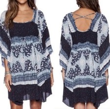 Free People Heart of Gold Mini Dress XS Indigo Blue Paisley Boho