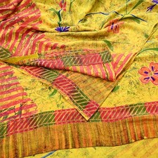 Vintage Saree Yellow Pure Crepe Silk Printed Sari Fabric 5yd Sewing Floral Soft