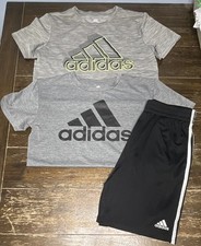 adidas Boys 3-Piece Outfit Set 2 T-Shirts  Shorts Gray/Black L 14/16 AH0543