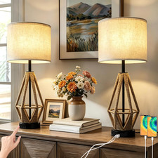 Set of 2 25" Boho Rattan Table Lamps with USB Charging for Bedroom  Living Room