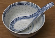 Blue & White Chinese Rice‑Grain Porcelain Bowl with Matching Spoon Made in China