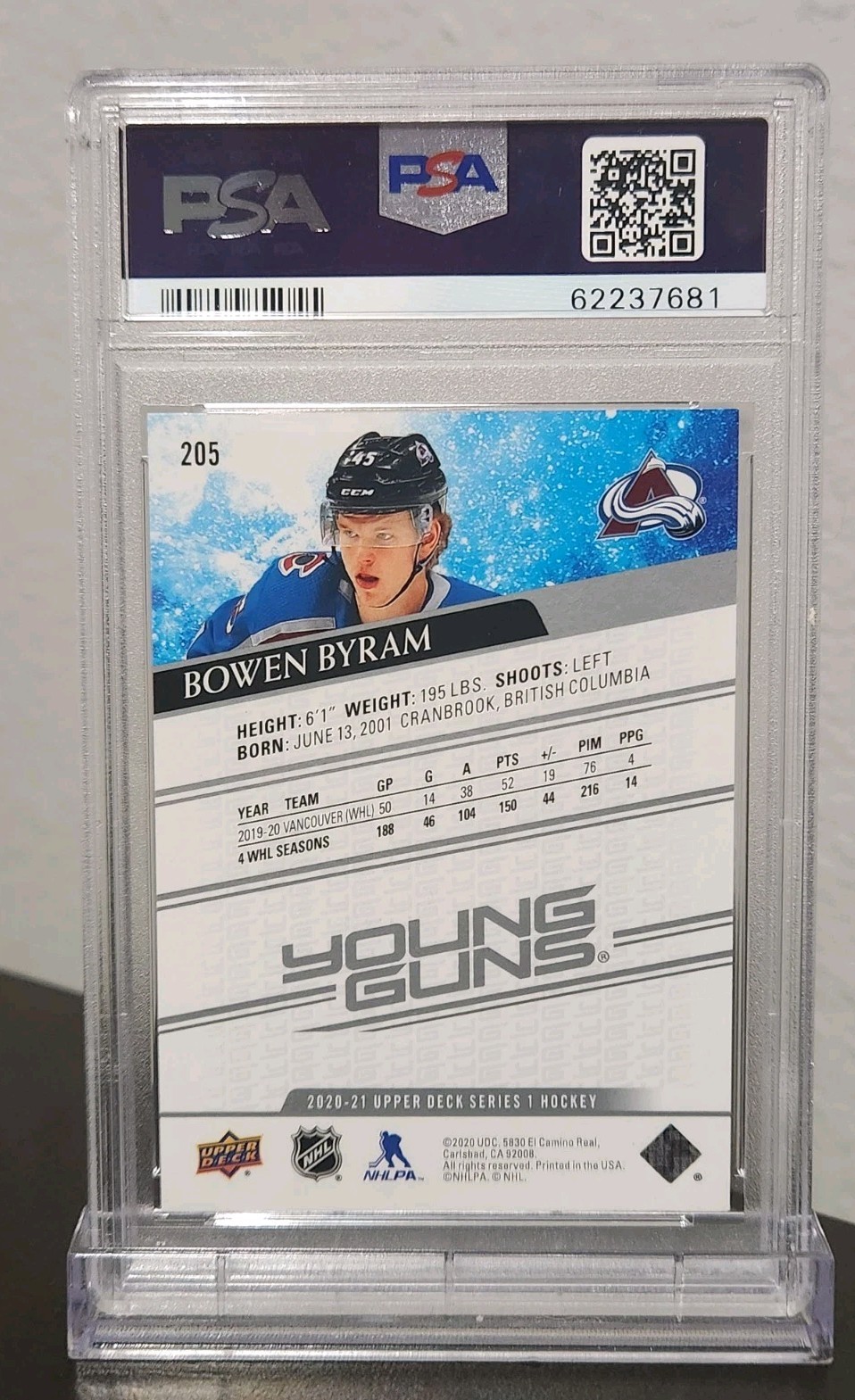 2020 Upper Deck Bowen Byram Young Guns Rookie Card #205 PSA 9 Young Guns view 4