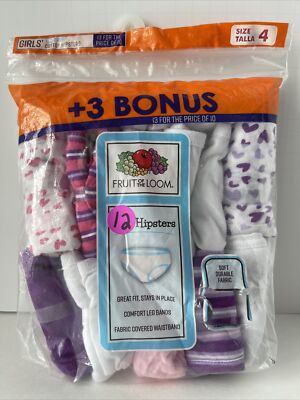 Fruit of the Loom 12pk Hipsters Briefs Girls Size 4 Tagless Cotton