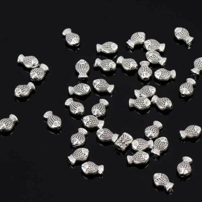 10 Fish Beads Charms Metal Antiqued Silver 3D 2 Sided Aquatic Findings 10mm