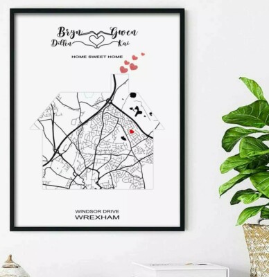 Personalised custom Housewarming map gift, Minimalist map print A4
