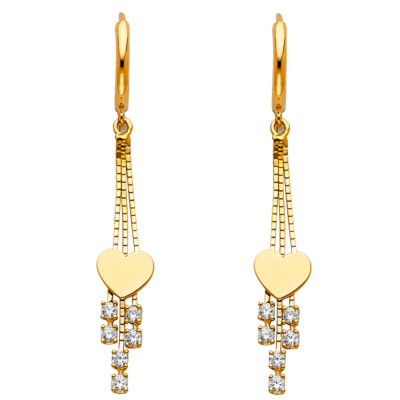 Ioka - 14K Yellow Gold CZ Stone Heart Hanging Drop Huggies Hinged Earrings