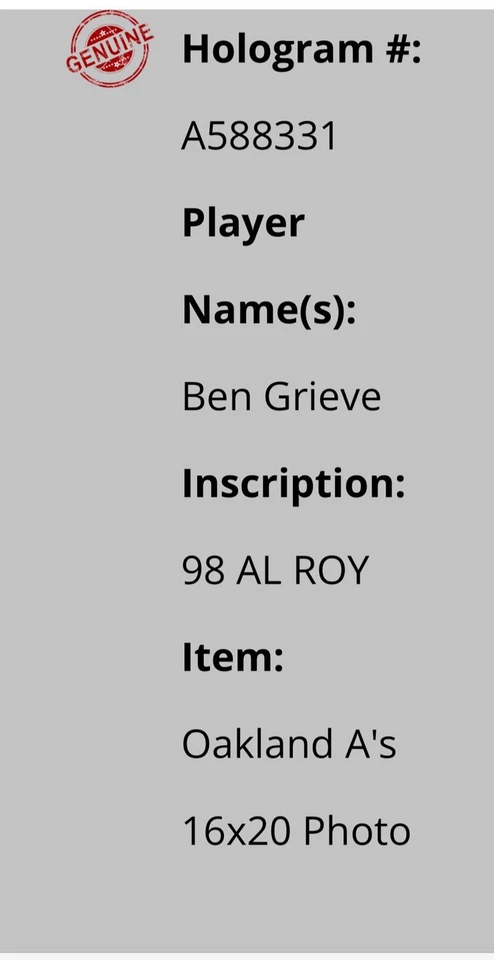 Ben Grieve Oakland A's 98 AL ROY Inscrip 16x20 Autographed Photo Schwartz COA - Image 4 of 4