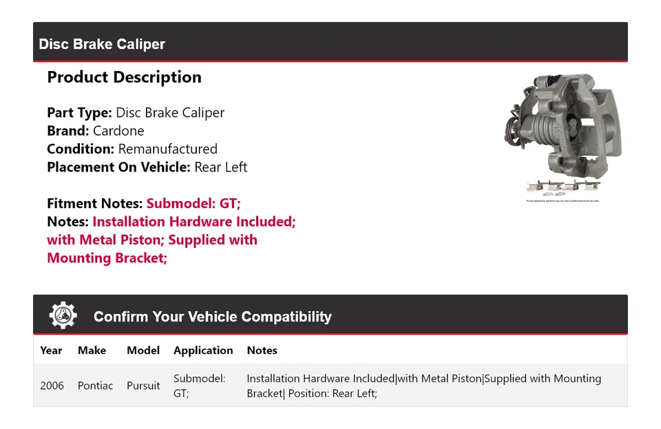 Pinza de freno de disco trasera izquierda cardone para Pontiac Pursuit GT 2006 Foto 2 de 4