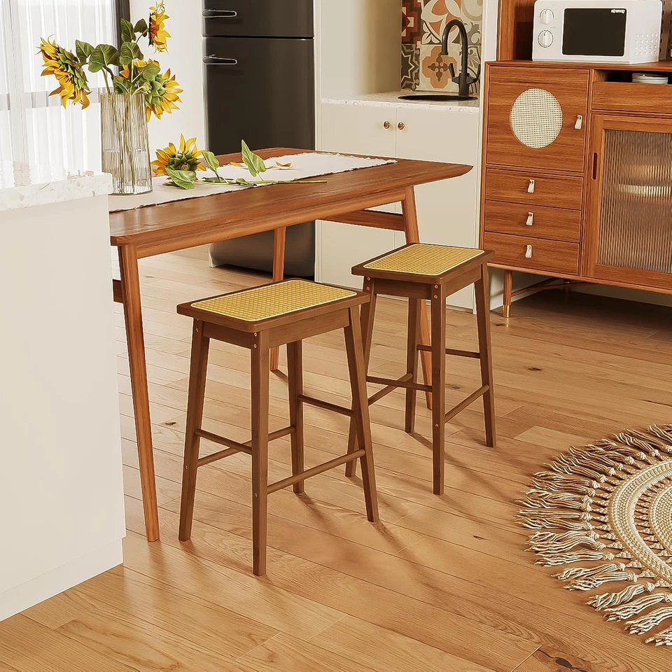 Rattan Bar Stools Set of 2 Counter Stools Height Kitchen Stools 24 Inch Barstool - Image 3 of 4