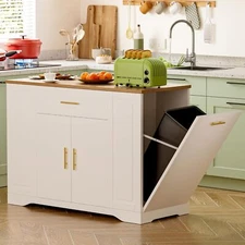 46" Rolling Kitchen Island Cart with Trash Can Cabinet Utility Trolley 2 Drawers
