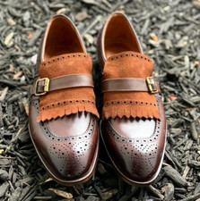 Handmade Men's Brown Brogue Fringes Monk Strap Leather Suede Shoes.