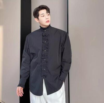 Men's Retro Lotus Stand Collar Shirt Long Sleeve Hairstylist