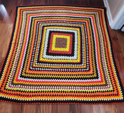 Vintage Concentric Square Crochet Afghan Granny Blanket Brown Yellow Orange 70s