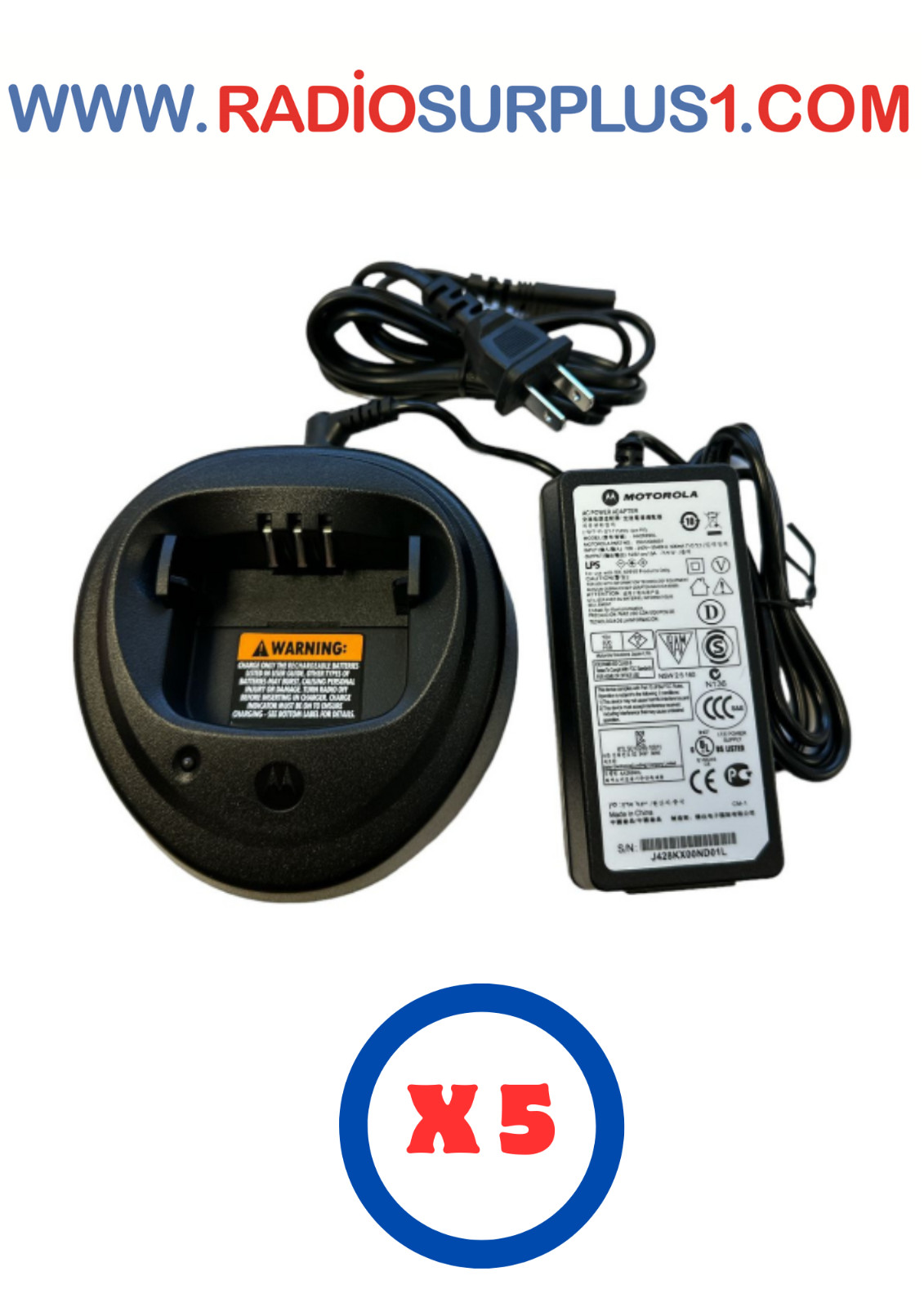 5 x Motorola CP200/CP200D/DEP450/DP1400 Single Charger Base - WPLN4137