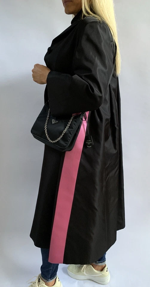 Abrigo PRADA IT 40 UK 8 Negro Seda Gran Tamaño Largo Completo Tafetán Rosa Rayas Foto 4 de 4