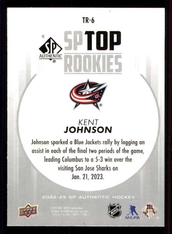 2022-23 SP Authentic Top Rookies #TR6 Kent Johnson - Image 2 of 2