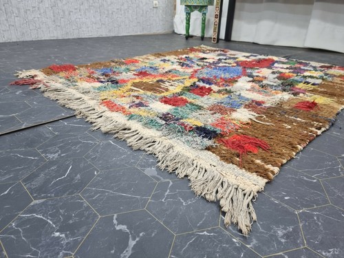 Moroccan Handmade Vintage Rug 4'5"x5'4" Berber Geometric Brown Yellow Carpet - Picture 5 of 12