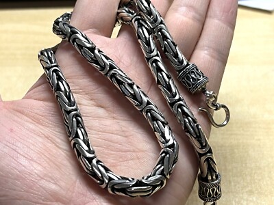 Solid 925 Sterling Silver Mens Heavy Thick Byzantine Chain Clasp Necklace  60cm UK