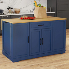Kitchen Island with Drop Leaf & Power Outlets, Rolling Island with Wheels, Blue