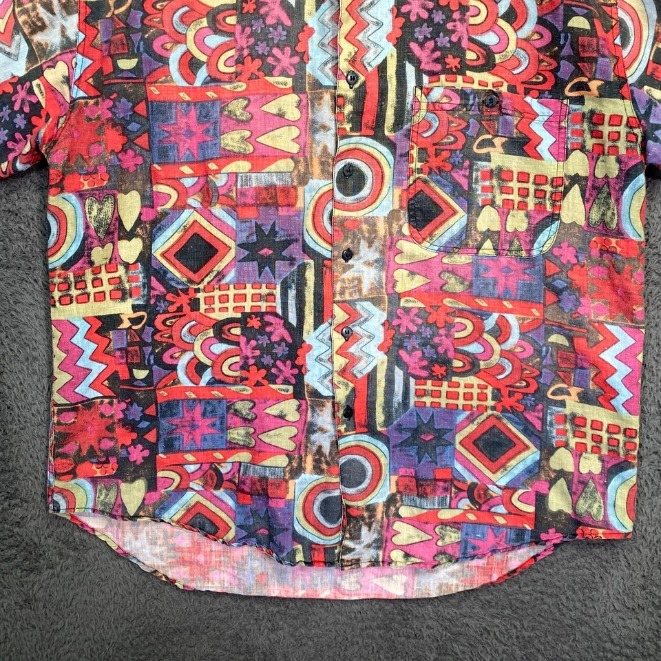 Mens Linen Cotton Short Sleeve Button Up Shirt M Graffiti Tribal Y2K - Image 4 of 4