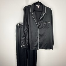 Victoria  s Secret Signature Glazed Satin Pajama Set Large Long Black Pink Trim
