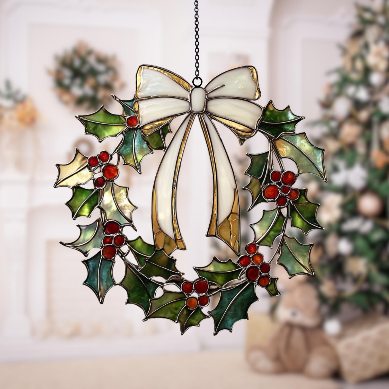 Christmas Holly Wreath Acrylic Suncatcher Festive Holiday Stained Glass Window