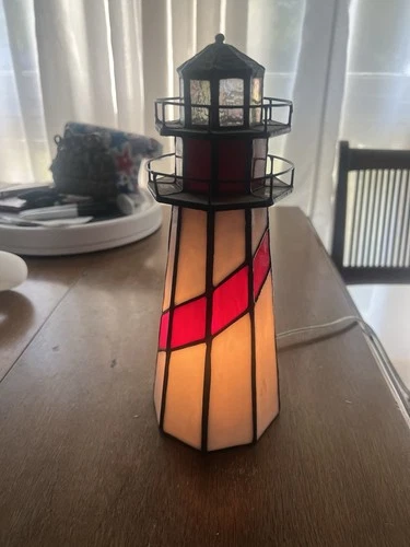 Vtg Tiffany Style Stained Glass Lighted 10.5" Lighthouse Light Lamp Nautical