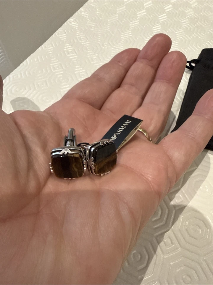 Emporio Armani Tiger’s Eye Cufflinks Silver Plated New With Tags - Image 2 of 4