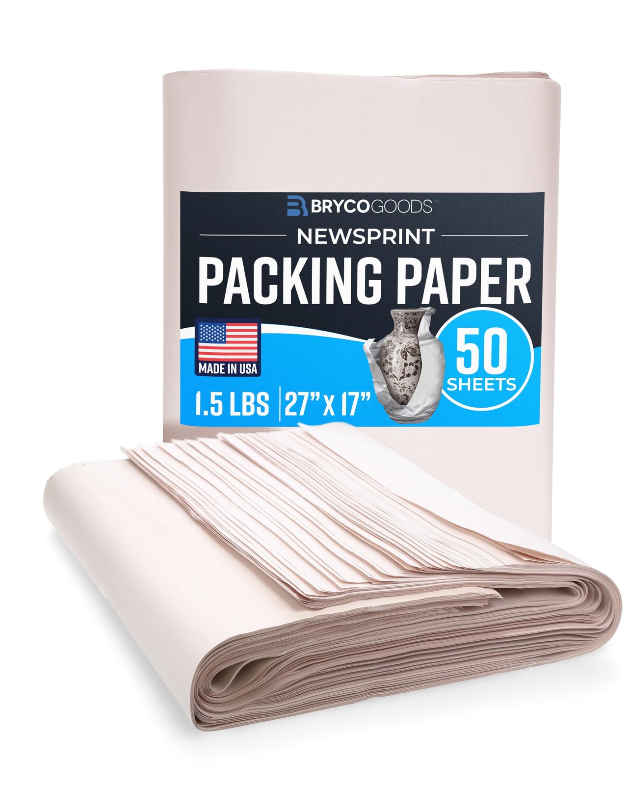 Bryco Goods Newsprint Packing Paper Sheets 27" x 17" (50 Sheets), gray-white