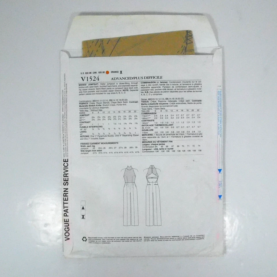 Vogue 1524 Misses Jumpsuit Pattern Size 6-14 Uncut Open Back Halter Pockets - Image 4 of 4