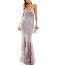 Speechless Juniors' Embroidered V-Neck Illusion Gown Mauve Lavender 0
