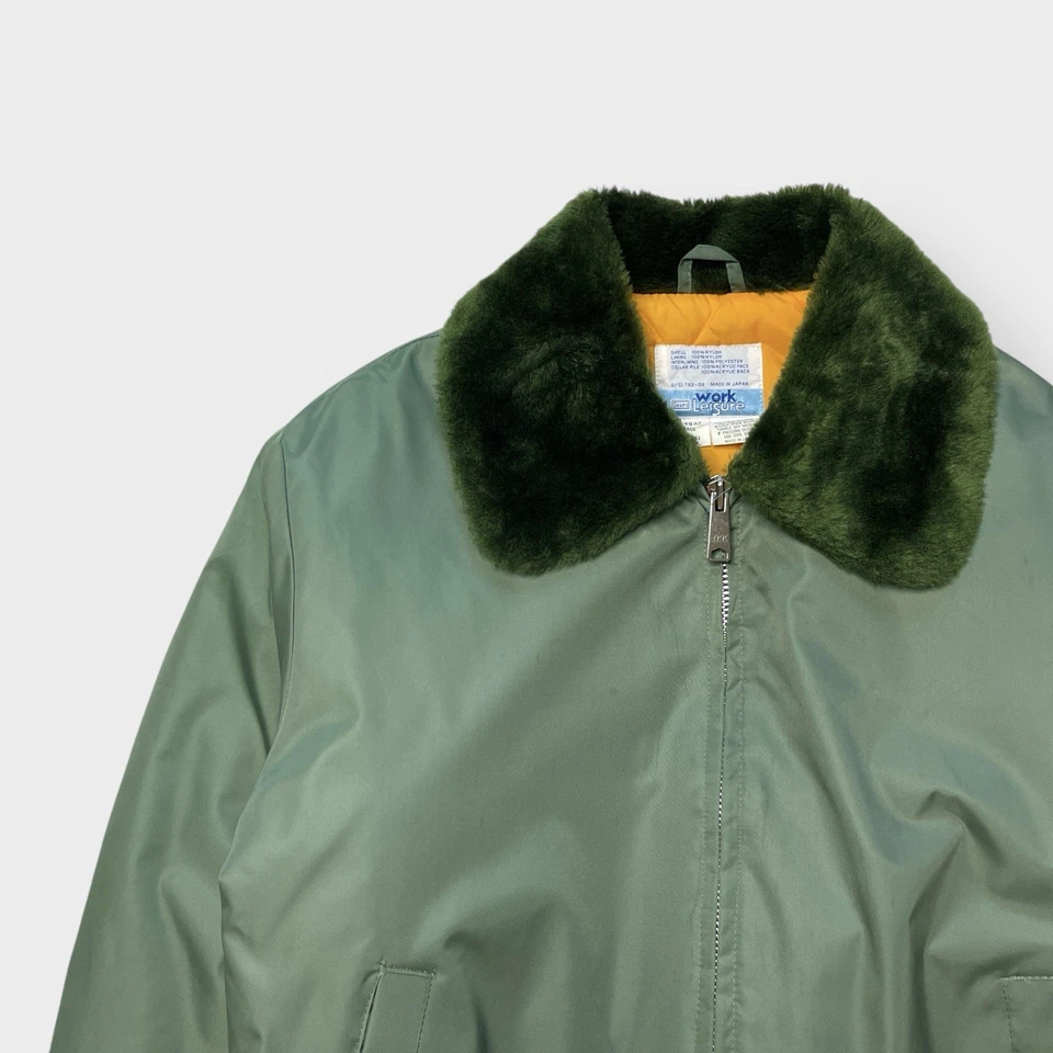 Chaqueta Bombardero De Colección Años 80 Sears Trabajo Ocio Satén, Cuello de Piel de Vuelo Oliva Japón L Foto 4 de 4