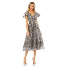 Mac Duggal 20392 Gray Embellished Butterfly Fit and Flare Tea-Length Dress Sz 18