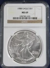 1988 $1 American Silver Eagle NGC MS69 Brown Label