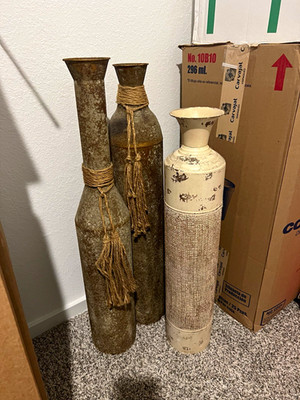 Set of 3 Decorative Metal Freestanding Floor Vases Bottle Brown/White Tassels