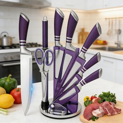 9Pcs Kitchen Knife set w/ Block Sharpener Scissors Carbon Steel Sharp Chef Knife