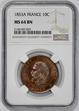 1853-A France 10 Centimes NGC MS 64 BN