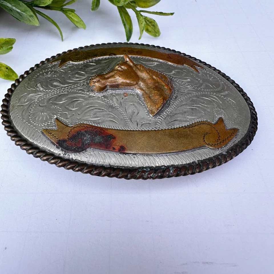 Vintage Alpaca Mexico Sterling Silver Belt Buckle Horse 3D Head Gold Banner Etch - Image 2 of 4