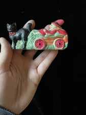 Vintage Halloween Celluloid Plastic Witch In Car Pulled By Black Cat Japan Toy