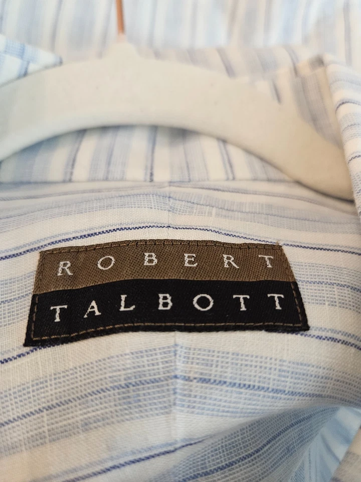 Robert Talbott Men's Linen Button down shirt blue & white stripe - Image 2 of 4