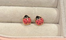  4k yellow gold pink enamel lady bug stud earrings