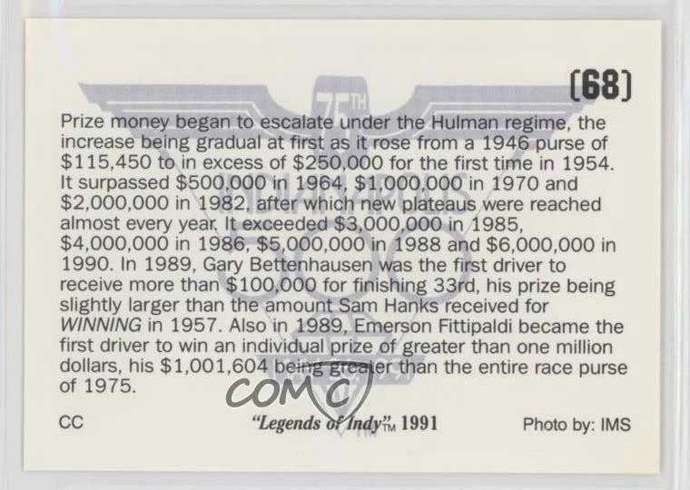1991 Legends of Indy Emerson Fittipaldi Winning a Million #68 HOF - Image 2 of 2