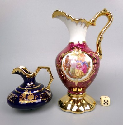 Vintage Limoges Krug Vasen x 2. Courting Paare. Kobaltblau Gold Rosa. 6,75''