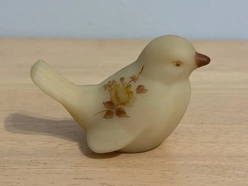 Vintage Fenton Satin Custard Glass Cameo Chocolate Roses Bird Figurine