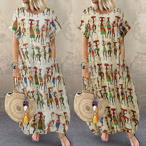 Mujeres Lino Algodón Vestidos Vintage Estampado Suelto Caftán Largo Maxi Camisa Vestido NUEVO - Imagen 3 de 10