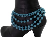 Women Turquoise Blue Ethnic Look Metal Boot Chain Bracelet Shoe Ball Waves Charm