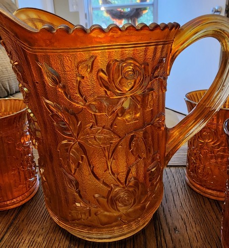 ANTIQUE 1911 IMPERIAL CARNIVAL GLASS ROSES W/ INTERNAL RIBS WATER LEMONADE SET - Picture 4 of 24
