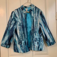 Chico's Women's Shades of Blue Silver Shiney Shimmer Open Jacket Blazer Size 1