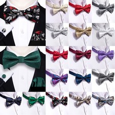 Mens Self Pre Bow tie Paisley Striped Solid Hanky Cufflinks Set Wedding Formal